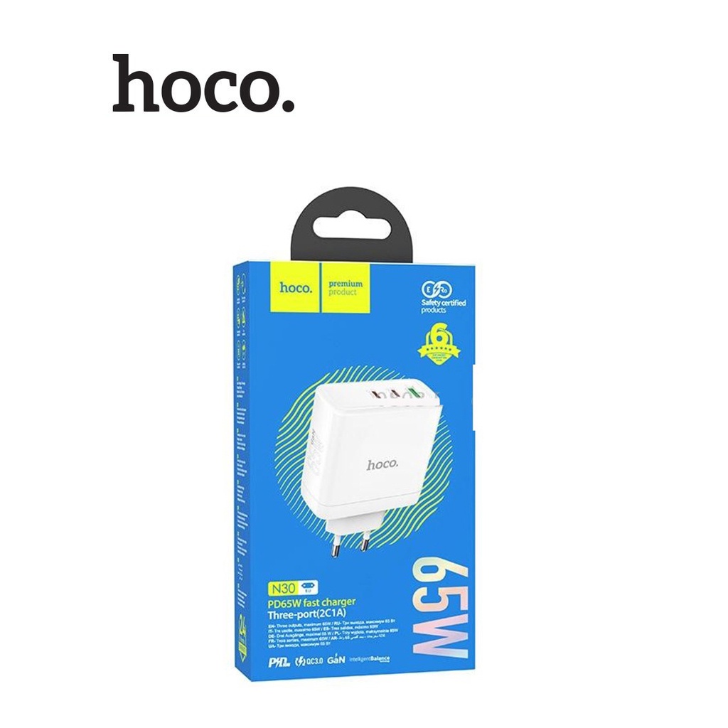 Củ sạc Hoco N30 sạc nhanh 65W chân tròn cổng Type-C / USB công nghệ sạc nhanh GAN , QC3.0 ( Trắng )