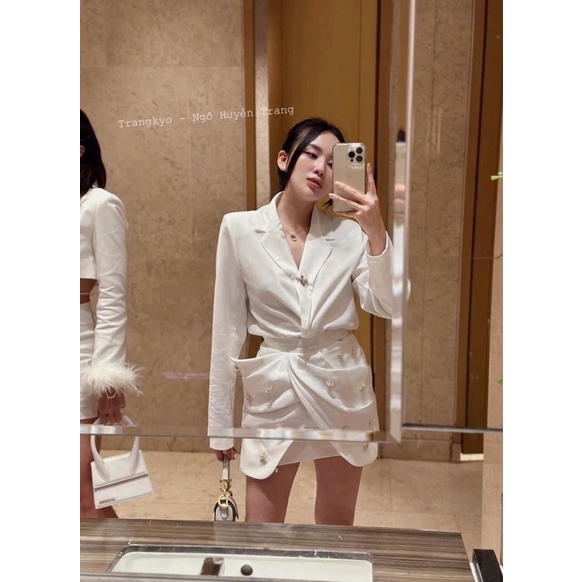Sét 3 món: áo sơ mi cổ vest + áo cúp + chân váy đắp chéo đính hoa kèm ảnh thật 100%