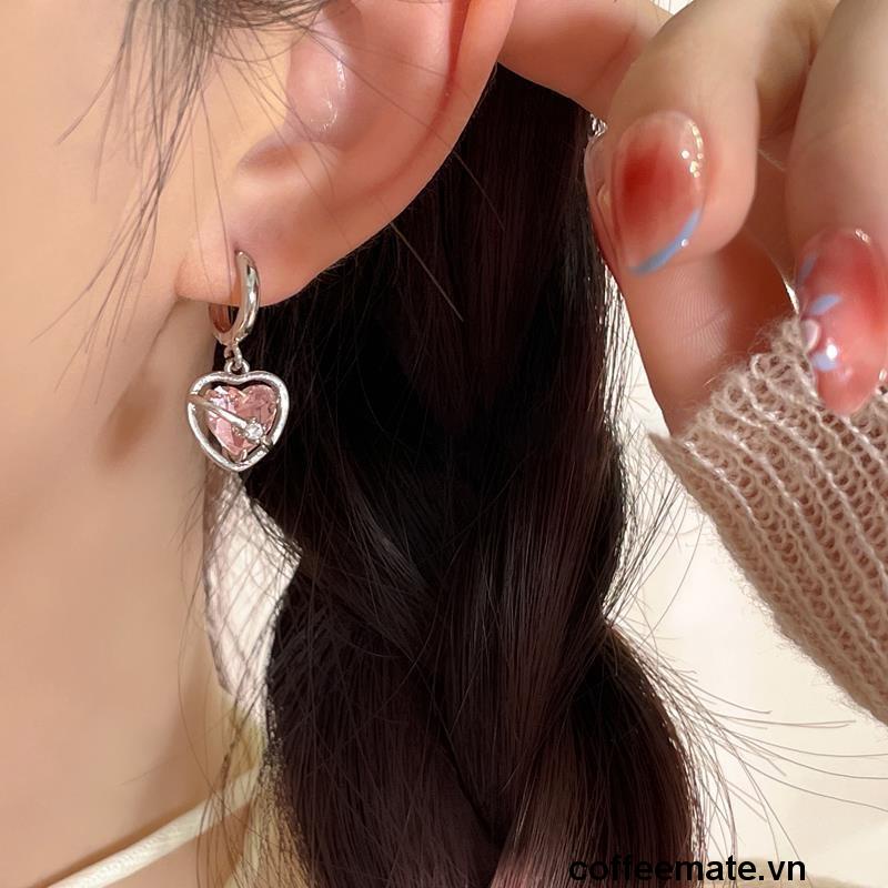 【coffeemate】⚡ Bộ Trang Sức Nhẫn / Bông Tai / Vòng cổ Mặt Trái Tim Đính Đá Pha Lê Màu Hồng Thời Trang