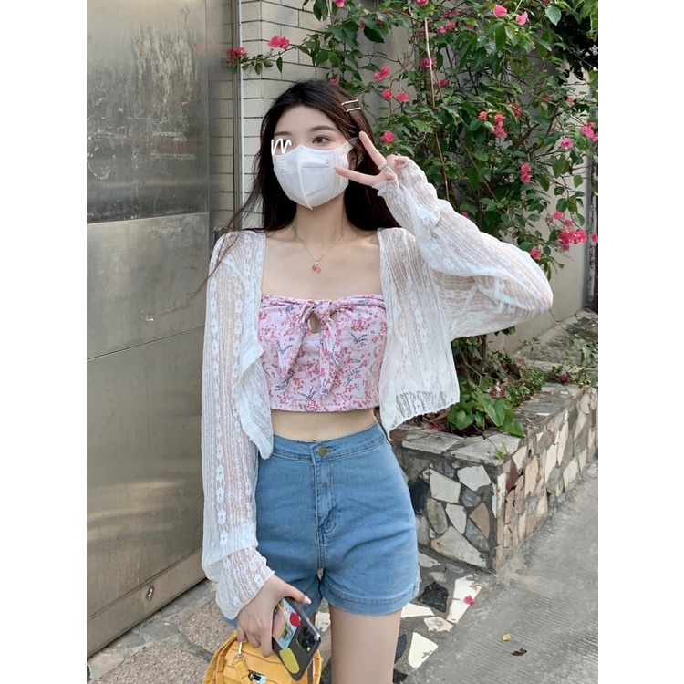 Áo Khoác Ren 40-60kg Chicolor Tay Dài Phối Ren Lưới Mỏng áo cardigan Quảng Châu