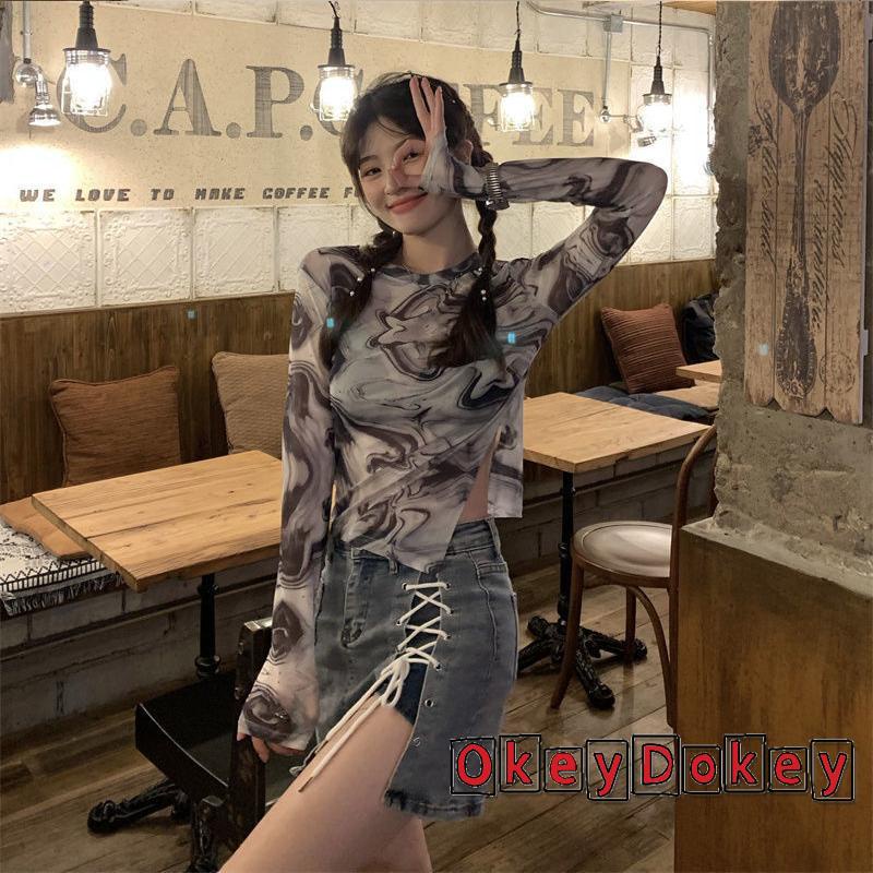 Áo Croptop Tay Dài Dáng Ôm In Họa Tiết Thời Trang Quyến Rũ Cho Nữ