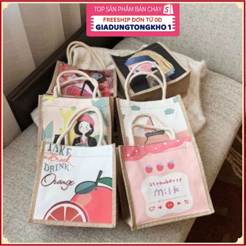 Túi Cói Vintage Siêu XinhGIADUNGTONGKHO1Túi xách vải lanh nữ lưới in màu đỏ, Túi đeo vai nhỏ sinh viên Nhật Bản