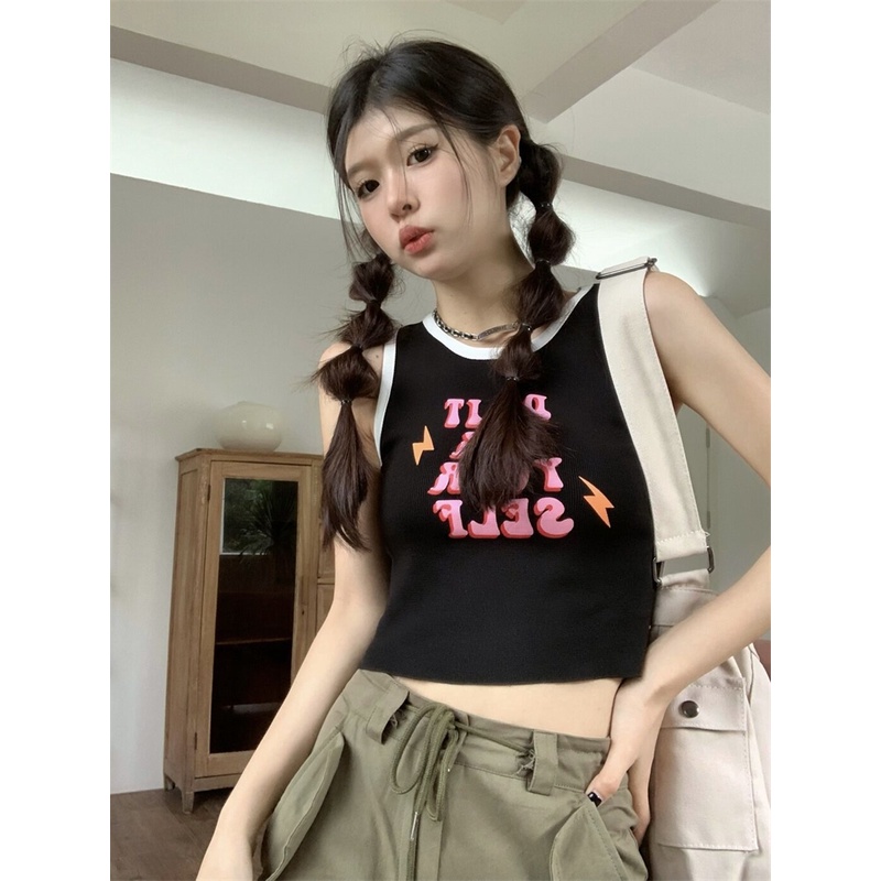 QKOOLE Áo tanktop  cổ tròn in chữ thời trang mùa hè