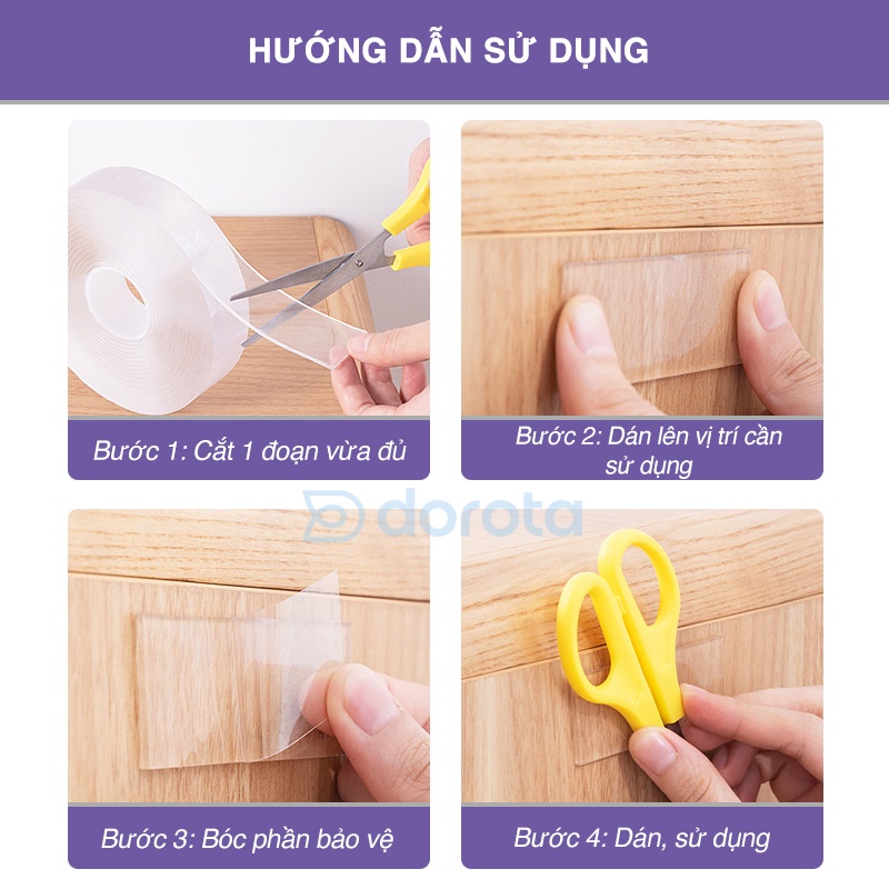 Băng dính 2 mặt siêu dính DOROTA tái sử dụng nhiều lần băng keo nano trong suốt dán tường loại dày AT305