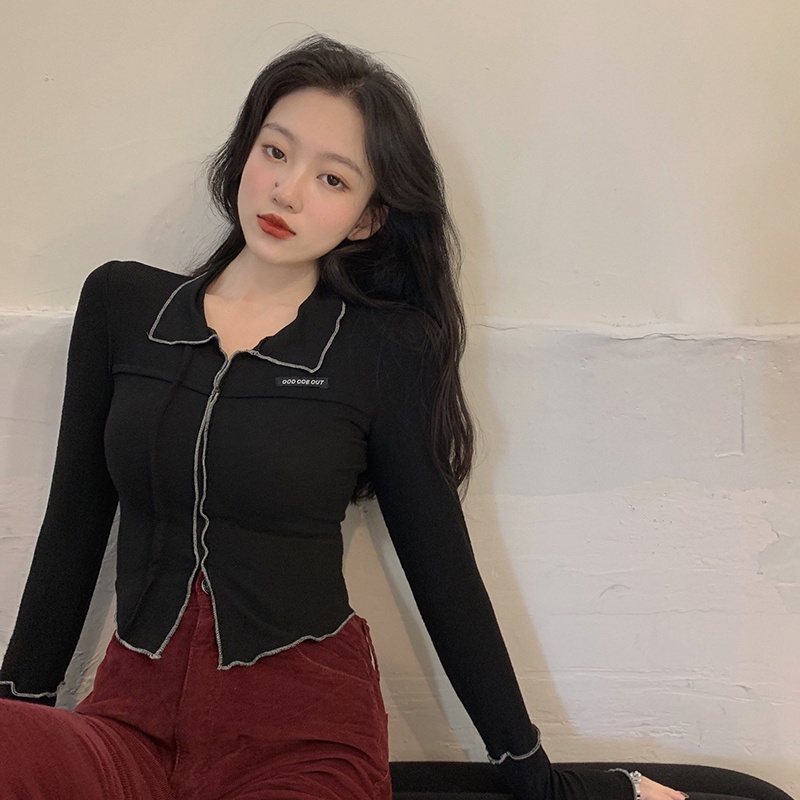 Áo polo Tay Dài Dáng Ôm Ngắn Thời Trang Mùa Thu Phong Cách Hàn Quốc Cho Nữ