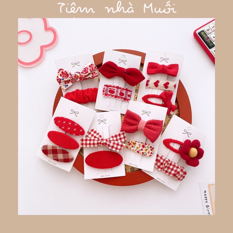 Set kẹp tóc tone đỏ siêu cute phong cách Hàn Quốc cho bé gái