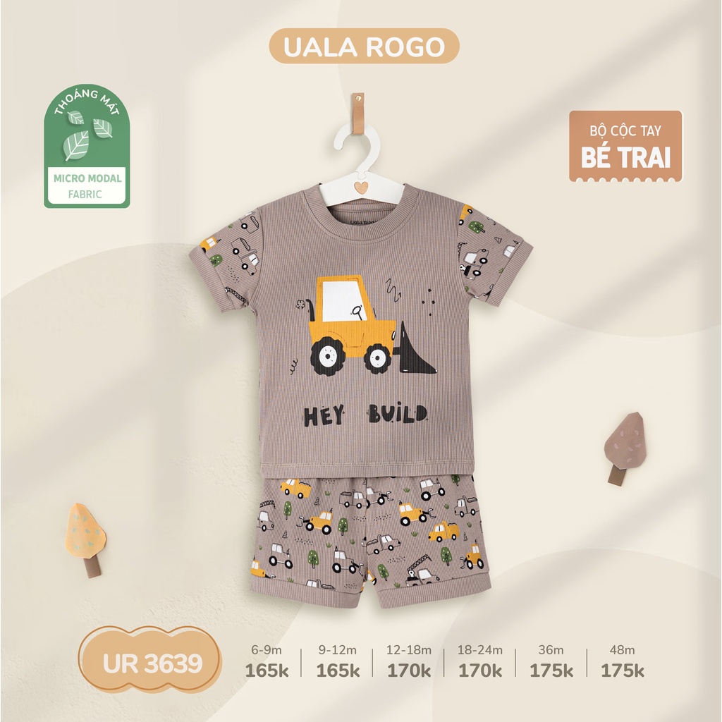 Bộ quần áo cộc tay hoạ tiết ô tô cho bé Ualarogo 6 tháng - 4 tuổi vải Modal thoáng mát co giãn thấm hút