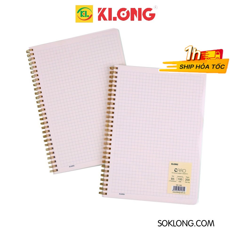 Sổ caro 6x6mm 200 trang lò xo kép B5 bìa nhựa trong suốt VPPKLONG, tập vở Klong MS 585