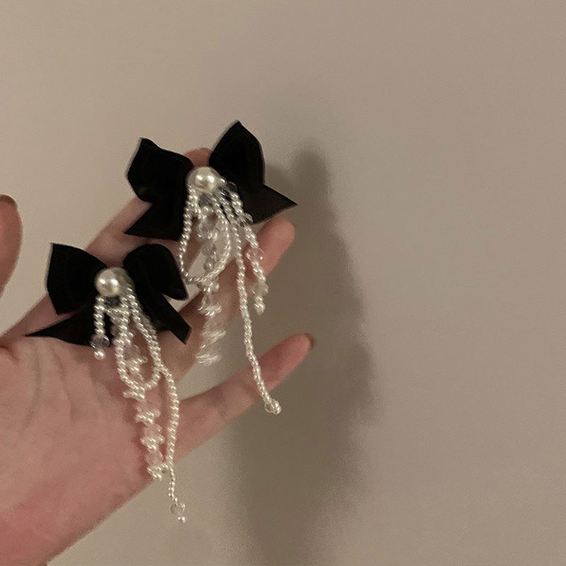 Bông Tai Đính Nơ Nhung Đen Phong Cách Vintage Thanh Lịch