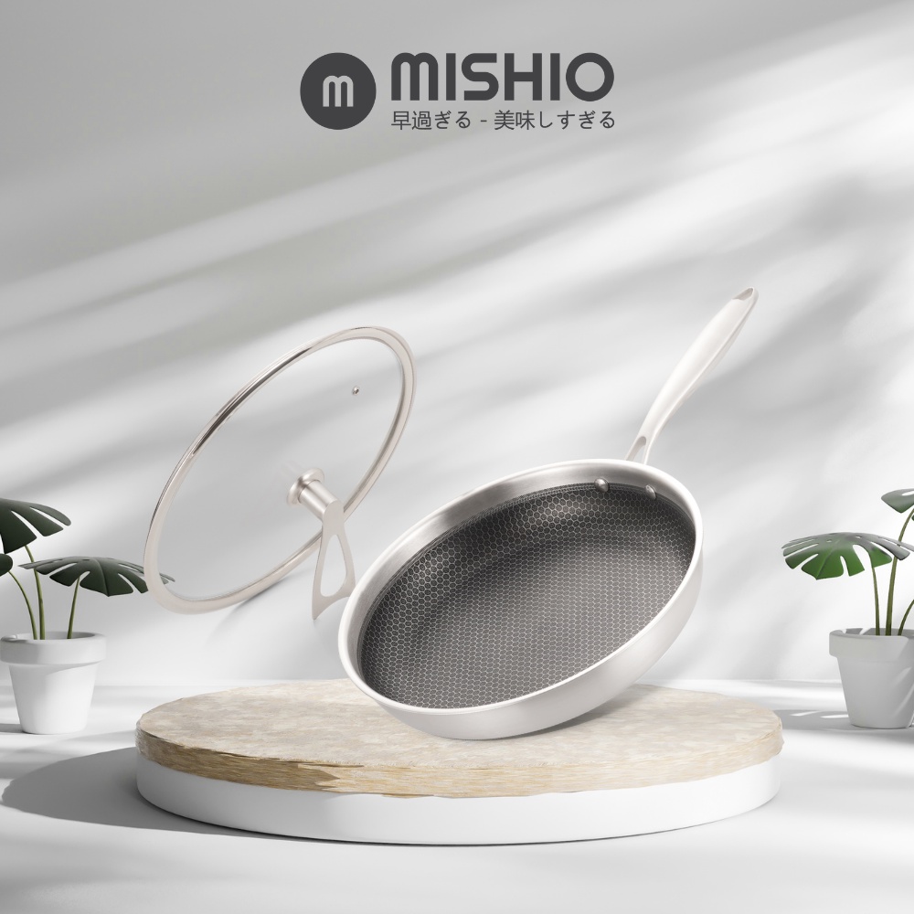 Chảo inox 304 chống dính Mishio MK252 size 30 kèm nắp kính