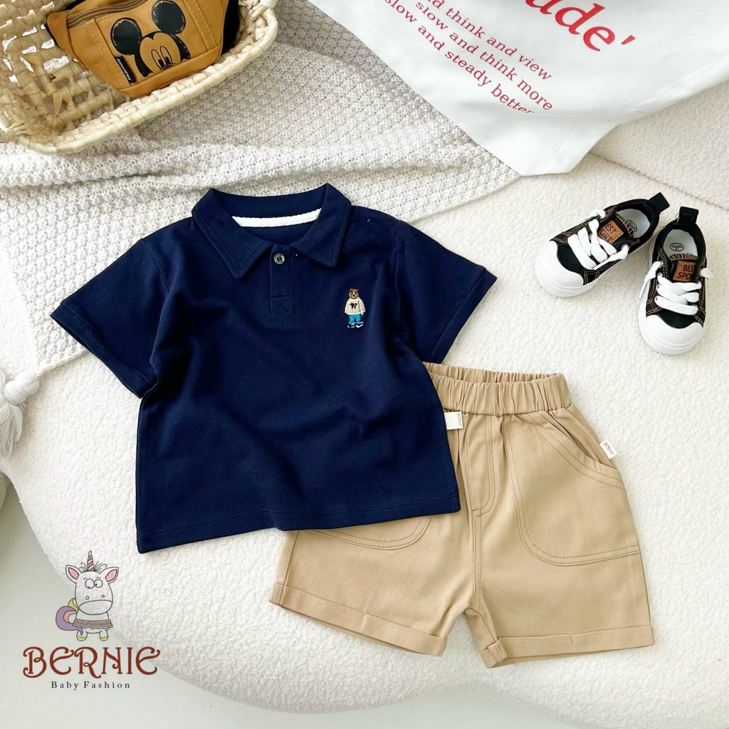 Set bộ POLO cộc tay quần kaki BERNIE thêu họa tiết Gấu cho bé