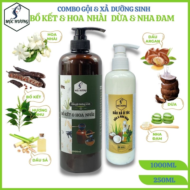 Combo gội BỒ KẾT HOA NHÀI & xả SỮA DỪA, NHA ĐAM Mộc Hương - Giảm khô gãy, chẻ ngọn, lưu hương nhẹ nhàng
