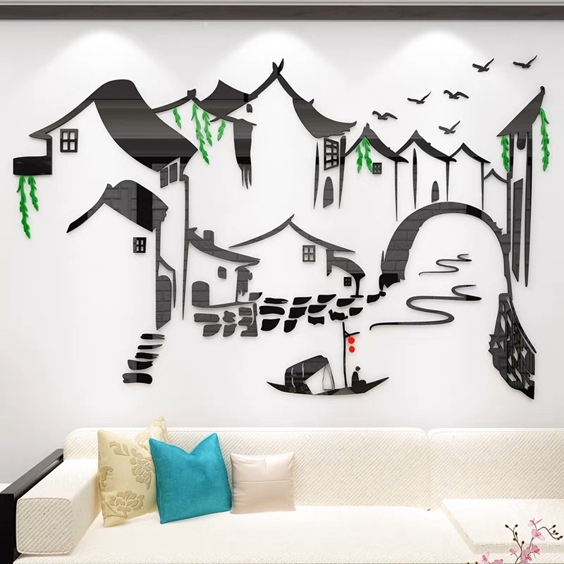 Tranh dán tường mica dán nổi làng cổ, đồng quê trang trí phòng trà, khách, nhà hàng, quán ăn, cafe, trà sữa