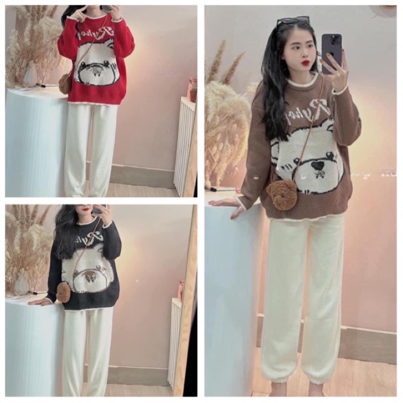 Bộ Nỉ Bông In Hình Gấu Kute❤️Set Áo Sweater Dài Tay Kèm Quần Bom Bo Gấu Chất Nỉ Siêu Dày Dặn Phong Cách Thể Thao