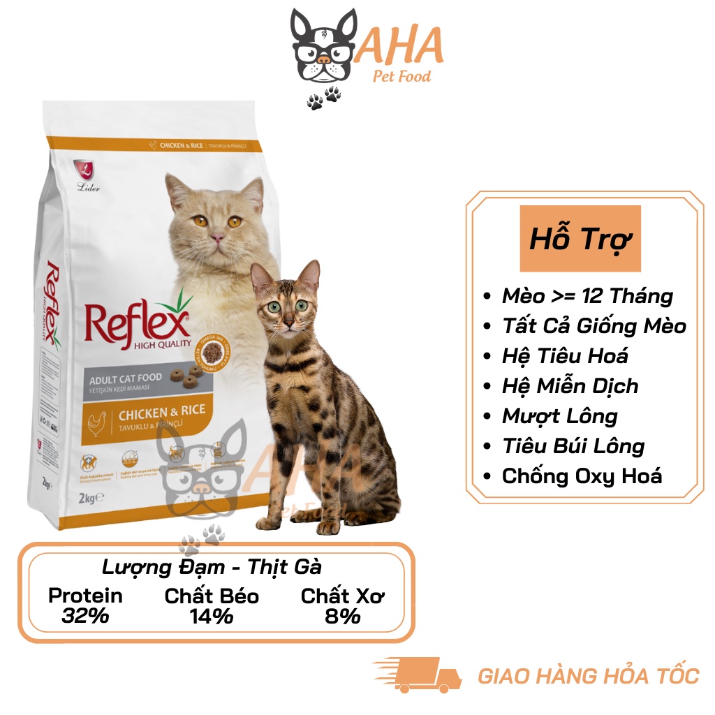 Thức ăn cho mèo bengal Reflex Plus trắng bao 2kg vị thịt gà, cá hồi