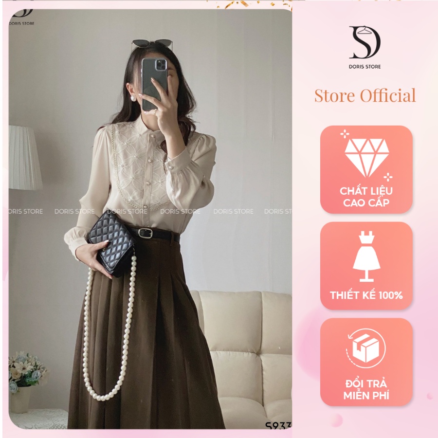 Set áo sơ mi chân váy dáng dài DORIS thiết kế áo dài tay cổ sơ mi đính đá kèm chân váy chữ A nhẹ nhàng thanh lịch S2335