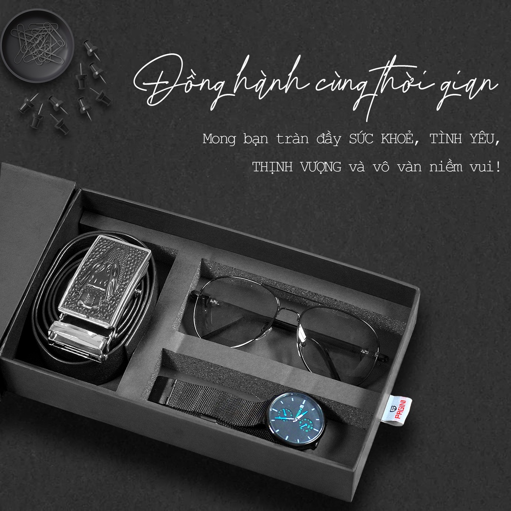 Combo hộp quà 3 món đồng hồ nam PAGINI + Thắt lưng + Kính, đồng hồ dây thép lụa kim dạ quang PA9966