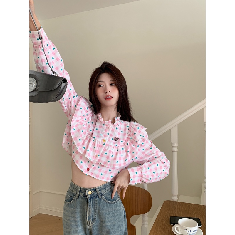 Áo Sơ Mi Tay Dài Dáng Rộng In Hình Trái Tim Kiểu Hàn Quốc Thời Trang Mùa