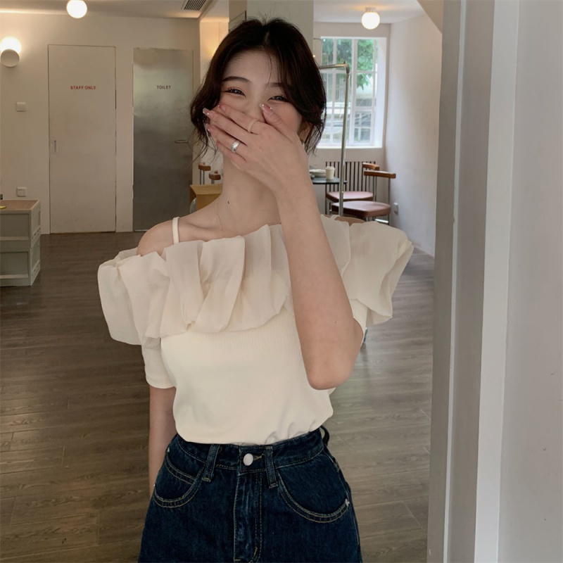 Áo dây áo bẹt vai áo trễ vai Áo Chiffon Trễ Vai Nhún Bèo Dáng Ngắn Thời Trang Cho Nữ