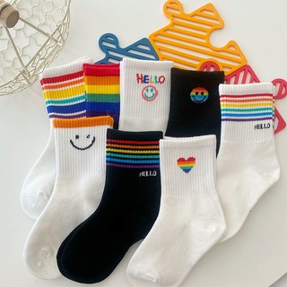 Children's Socks Large, Medium and Small Children Boys and Girls Sports Rainbow Smiley Love Black and White Medium Tube Cotton Socks