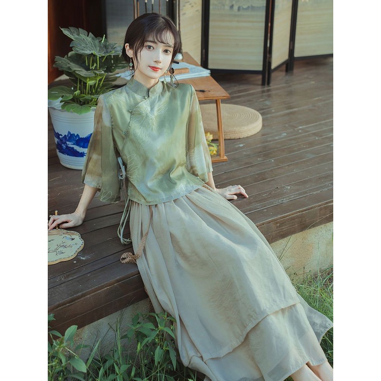 New Chinese Tea Suit Two Piece Set Daily Improvement Hanfu Female Adult Literature and Art Country Style Slim and Gentle Dress