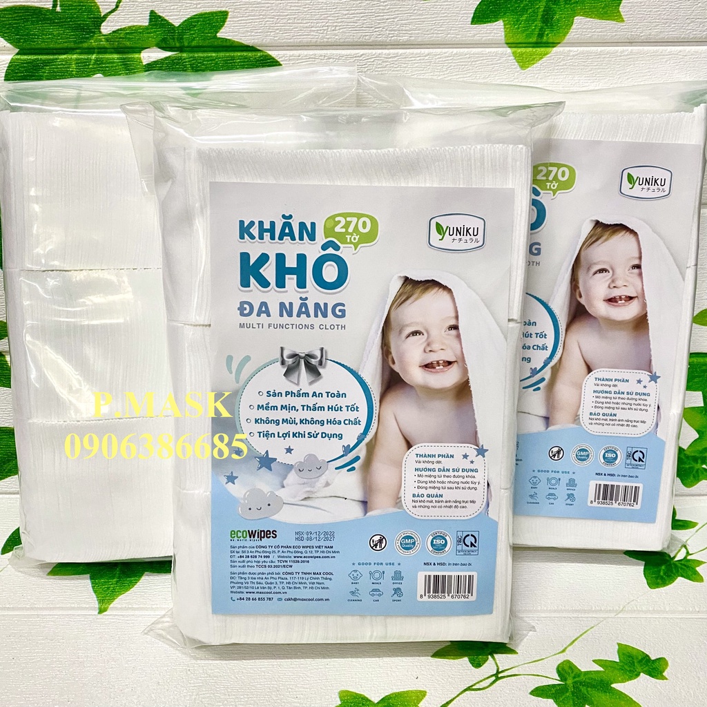 KHĂN LAU KHÔ ĐA NĂNG 270 TỜ không mùi dành cho bé YUNIKU