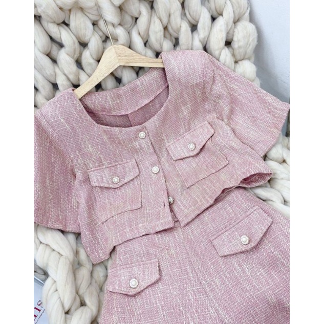 Set dạ tweed hồng kèm quần short