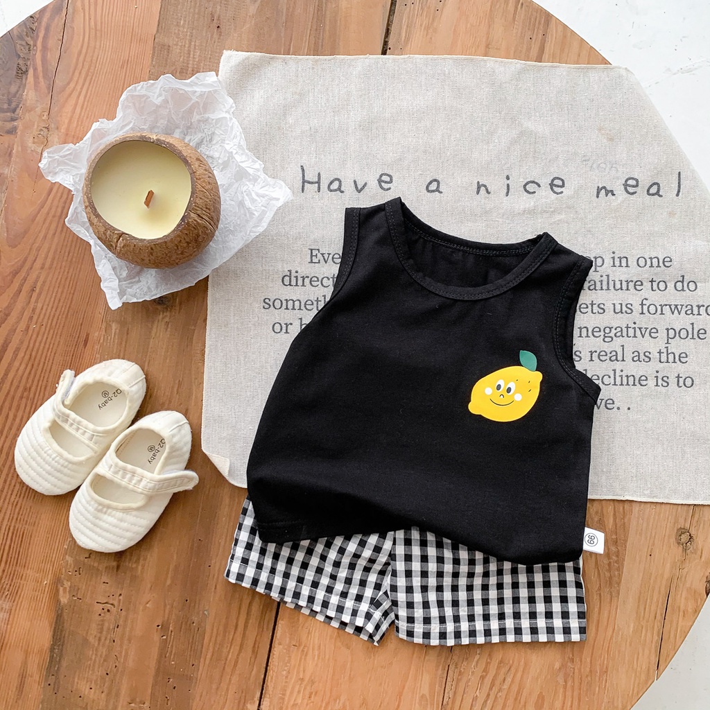 Bộ Áo Sát Nách In Hoạt Hình + Quần Short Mỏng Sọc Ca Rô Thời Trang Mùa Hè Cho Bé