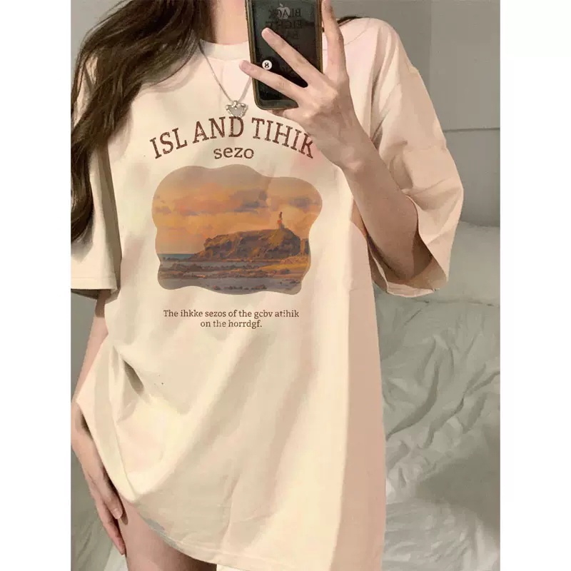 QKOOLE  Áo Thun 100% cotton Tay Ngắn Dáng Rộng In Họa Tiết Phong Cách Hàn Quốc Cho Nữ