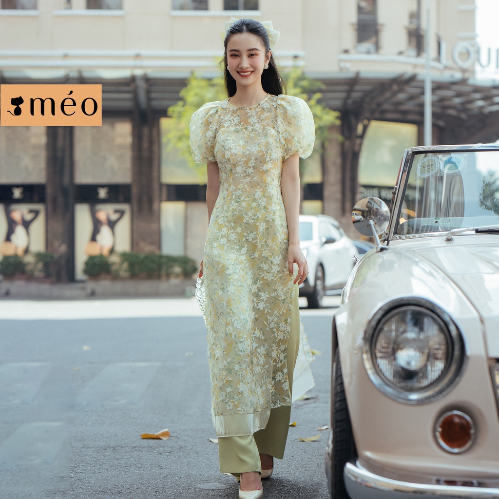 Áo dài thiết kế Méo shop cổ tròn tay bồng hoa nổi cao cấp Viên Minh, chưa bao gồm quần