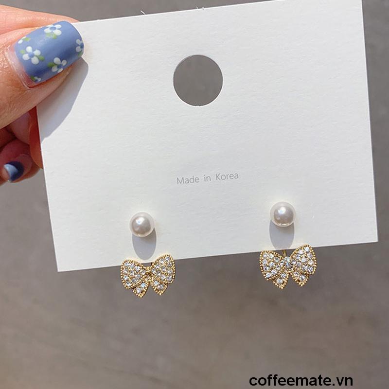 【coffeemate】⚡ Khuyên tai mạ bạc 925 hình nơ phối ngọc trai nhân tạo đơn giản phong cách Hàn Quốc bông tai nữ