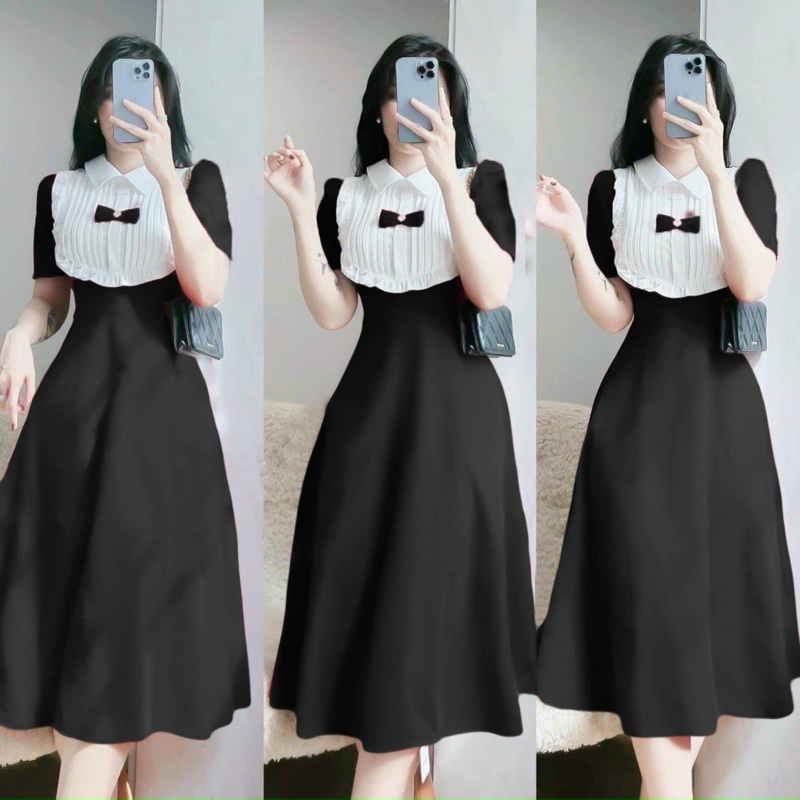 Đầm dự tiệc dán xoè cổ sơ mi bigsize Kim Ngân 50 đến 100 kg (M/L/Xl/Xxl)