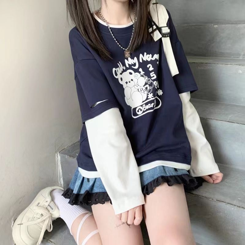Áo Thun Tay Dài Giả Hai Lớp Dáng Rộng In Họa Tiết Hoạt Hình Thời Trang 2022 Cho Nữ