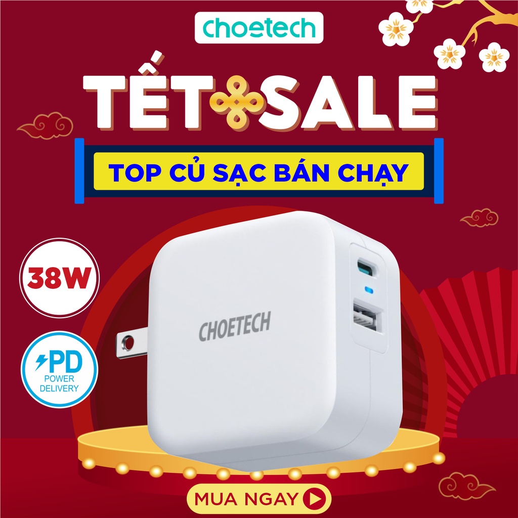 Adapter Củ Sạc 38W CHOETECH PD5002 USB-A Quick Charge 3.0, USB Type C PD 20W - Hàng Chính Hãng