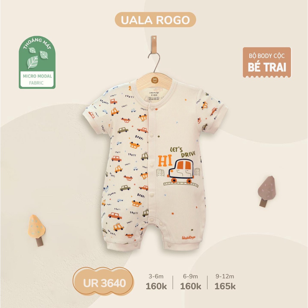 Bodysuit Uala Rogo cộc tay Modal cao cấp mềm mịn thoáng mát thấm hút tốt in hình xe hơi cho bé trai bé gái 3640