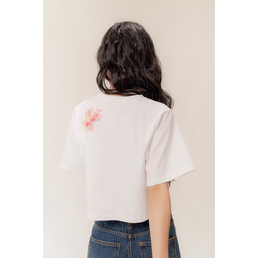 LIBÉ - Áo thun tay ngắn dáng boxy cổ tròn màu trắng in hình