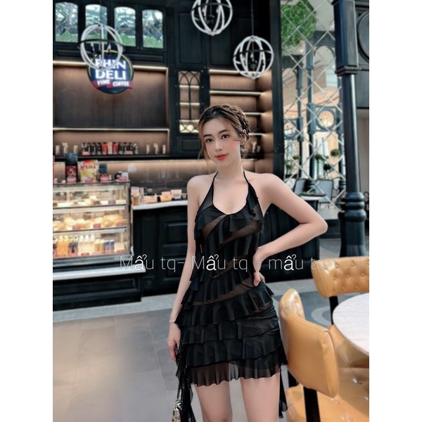 Váy body 2 dây lưới bèo tua rua