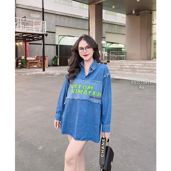 Áo sơ mi jeans tay dài cổ bẻ ngực phối chữ cá tính - chất jean cao cấp VIENS STORE