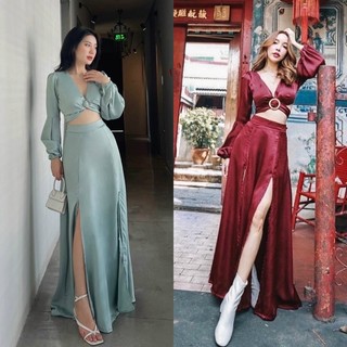 Đầm maxi áo croptop tay dài khoen ngực đan thắt nơ + chân váy xẻ đùi đỏ xanh, set thời trang nữ đi chơi biển du lịch
