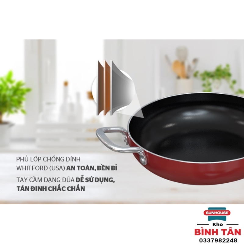 CHẢO TRƠN CHỐNG DÍNH 2 QUAI SUNHOUSE CT24R2 - Thiết kế đẹp mắt, thành chảo dày, chống dính tốt