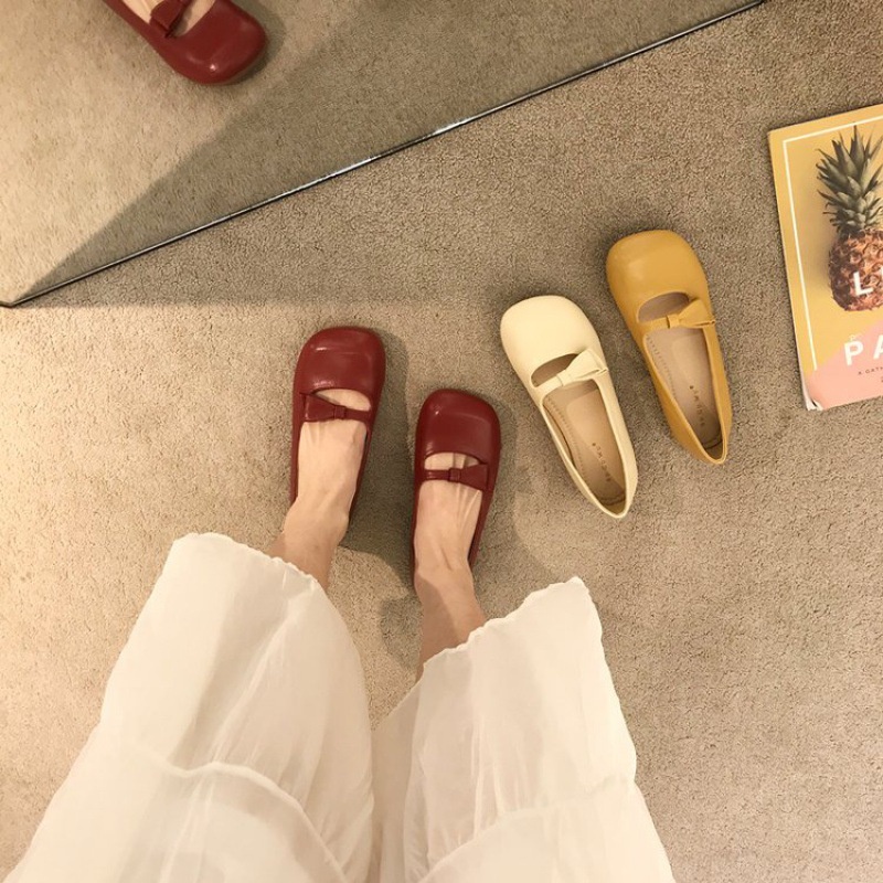 Giày Búp Bê Nữ Đế Bệt Cột Nơ Bằng Da PU