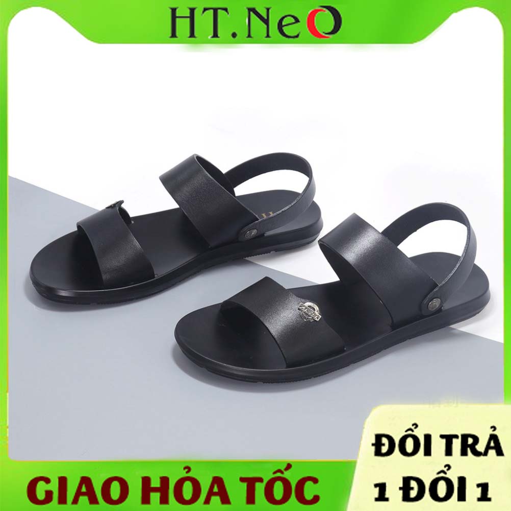 Dép quai hậu nam da bò HT.NeO , Sandal nam 2 quai song song đế cao su đúc đặc 2cm phong cách trẻ trung thoáng mát SD09