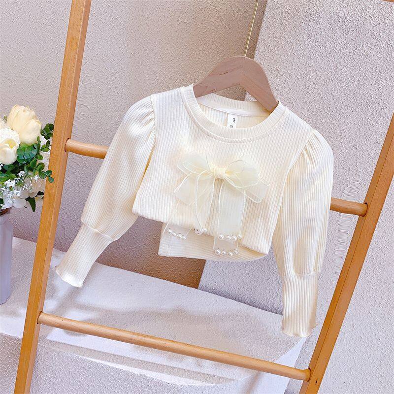 Áo Thun Tay Dài Dệt Kim Màu Trơn Đính Nơ Thời Trang Xuân Thu Xinh Xắn Cho Bé Gái 3-7 Tuổi