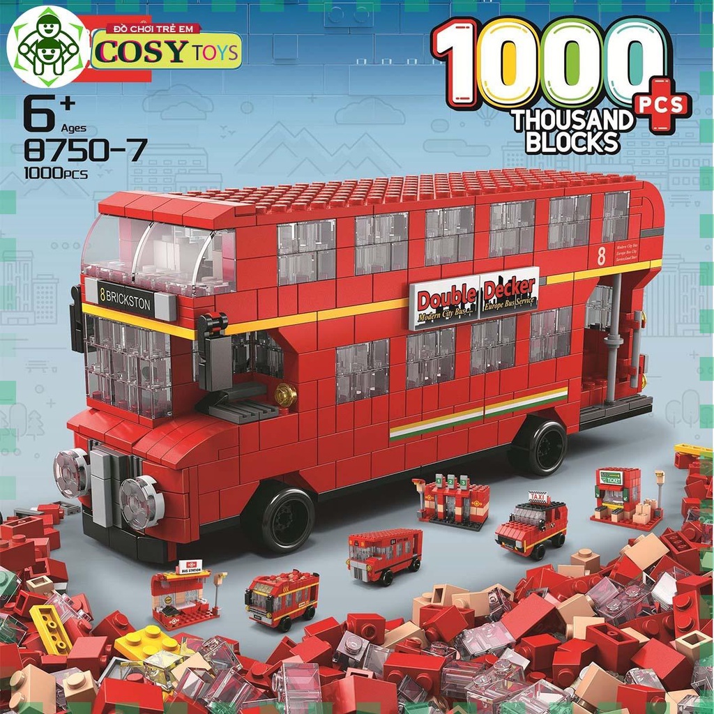 Đồ chơi lắp ghép xếp hình 1000 chi tiết xe bus hai tầng 6 trong 1 với nhiều chi tiết, mẫu ghép khác nhau cho bé