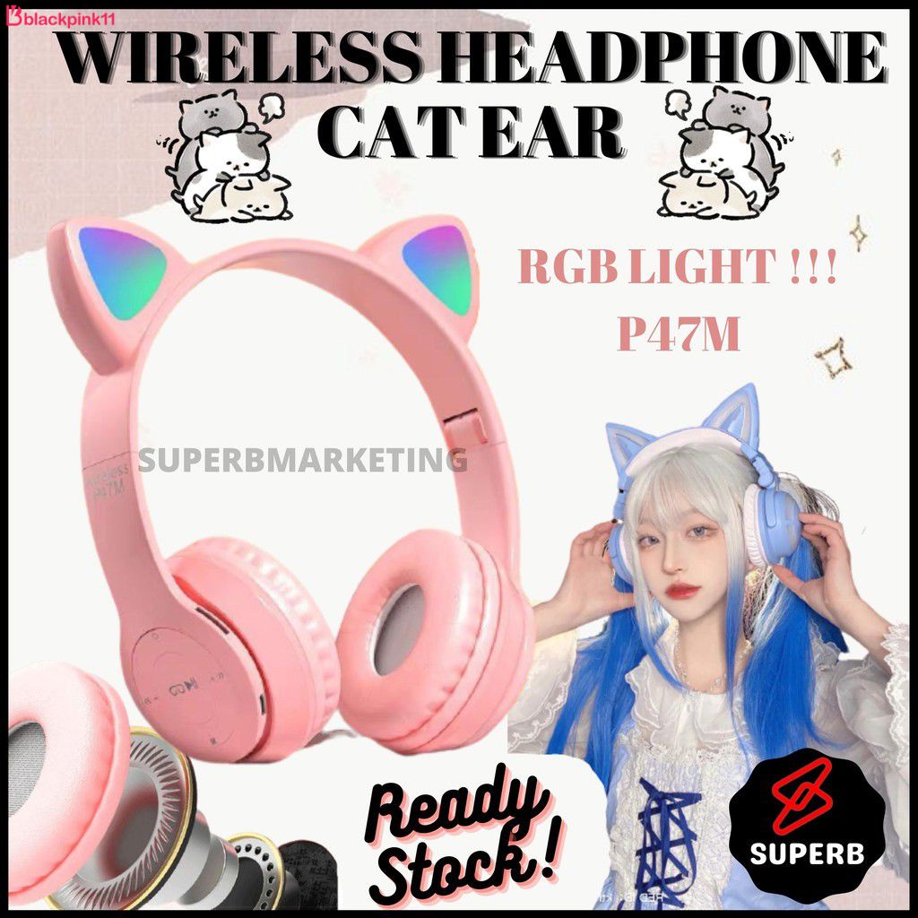 Tai Nghe Bluetooth Trẻ Em P47M Tai Nghe LED Không Dây Bluetooth 5.0 Tai Mèo Dễ Thương Có Mic Tai Nghe Có Thể Gập Lại Nhạc Âm Thanh Nổi Cho Bé Gái Trẻ Em Khử Tiếng Ồn Blackpink11