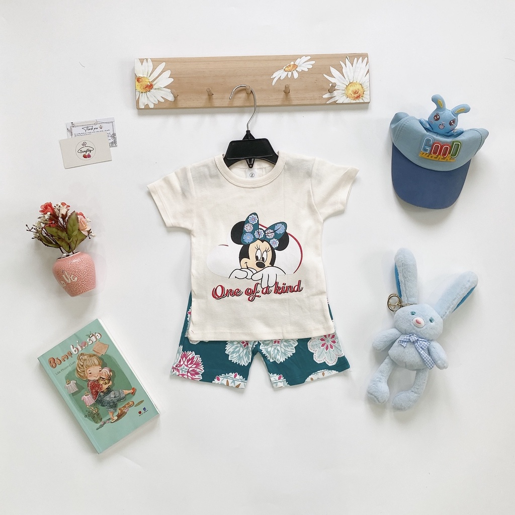 Bộ cộc tay, bộ hè bé gái Mikcey, Minie xuất dư 100% cotton bozip thoáng mát, thấm hút cho bé gái 8-22kg