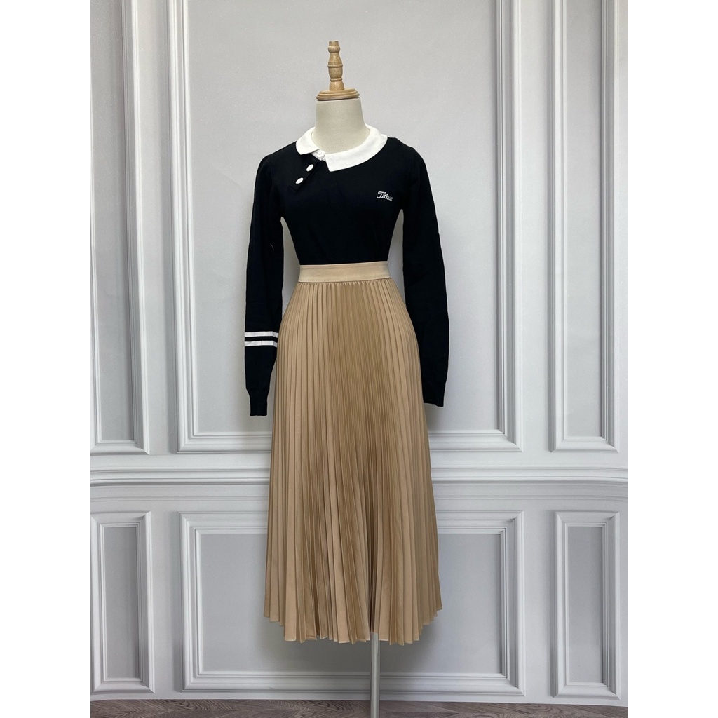 CV1288 Chân váy xếp ly LA STUDIOS hàng hiệu chính hãng thời trang nữ màu nâu be freesize secondhand 