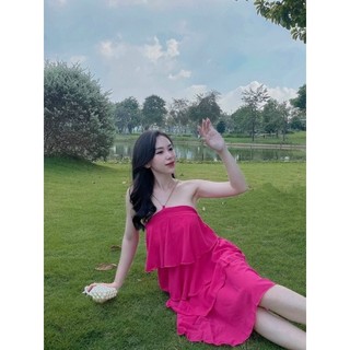 gv78- đầm xích tầng cổ yếm Hồng