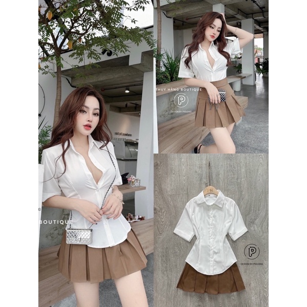 Set áo sơmi trắng + chân váy xếp ly