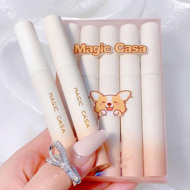 Set 5 Son Môi MAGIC CASA Dạng Lỏng Chống Thấm Nước Lâu Trôi Không Dính Thành Cốc Thiết Kế Hình Chú Chó Dễ Thương Phong Cách Hàn Quốc